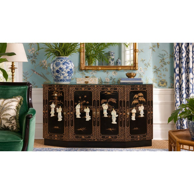 Vintage Chinoiserie Black Lacquer Mother-of-Pearl Four-Door Sideboard For Sale - Image 12 of 12