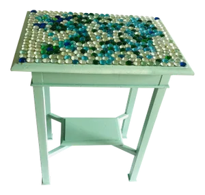 Vintage Coastal Style Repurposed Side Table Painted Sea Green Decorated Glass Beads