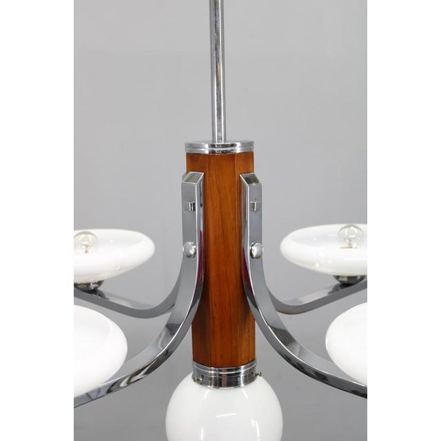 Art Deco Chrome and Walnut Chandelier with Milky Glass Shades, Former Czechoslovakia, 1930s For Sale - Image 6 of 15