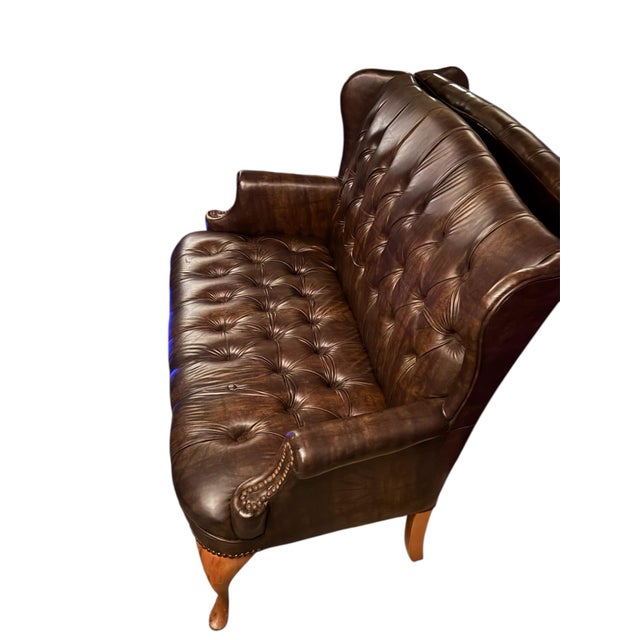 English Vintage English Chesterfield Tufted Oxblood Leather Wingback Settee For Sale - Image 3 of 12