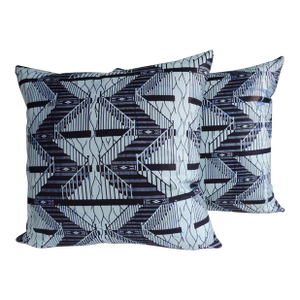 African Tribal Pattern Indigo Blue Waxed Cotton Square Pillows - Set of 2
