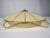 Large, three-light ceiling lamp by Erco with a flat, fabric-covered shade and radially structured metal frame. Brass-...