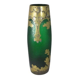 1890 Art Nouveau Grand Exhibition Magnificent Green Glass & Etched Gold & Silver Vase by Master f.t. Legras,Saint-Denis 20” Ht For Sale
