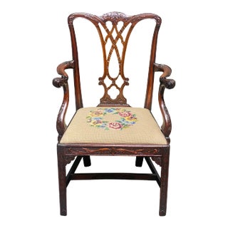 Late 19th Century Antique Chippendale Style Carved Mahogany Chair with Needlepoint Seat For Sale