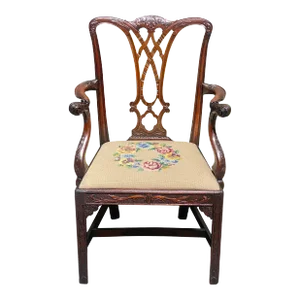 Late 19th Century Antique Chippendale Style Carved Mahogany Chair with Needlepoint Seat