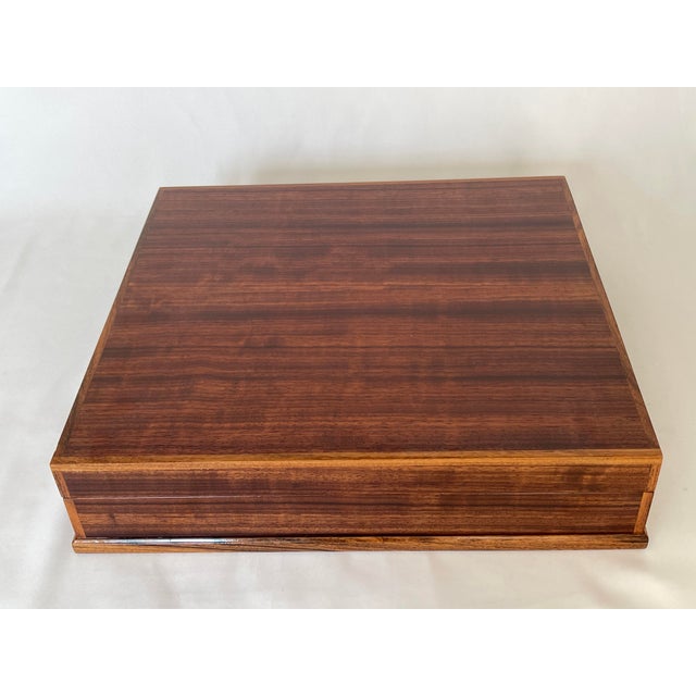 Large 1980's Dunhill style ribbon mahogany humidor / document / art box, with brass hinges. Fully lined with wood interior.