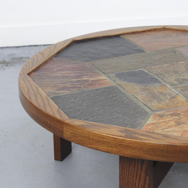 Large Brutalist Round Coffee Table with Inlaid Tiles, 1970s, in Good conditions. Designed 1970 to 1979