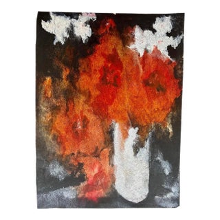 Mid 20th C. Color Saturated Mixed Media Abstract Floral Still Life on Fibrous Hand Made Paper c.1970 For Sale