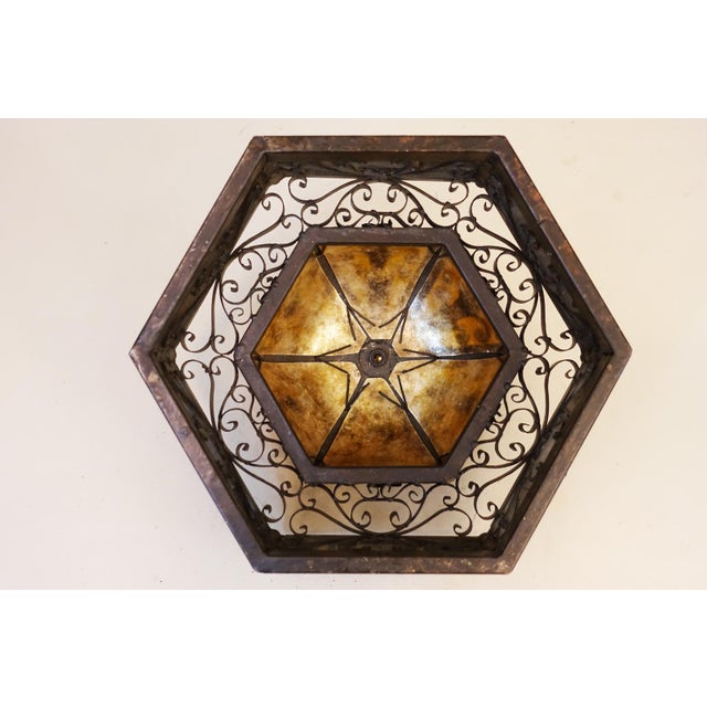 1950s Spanish Revival Mica Wrought Iron Brass Elaborate Octagon Light Ceiling Lamp For Sale - Image 9 of 11