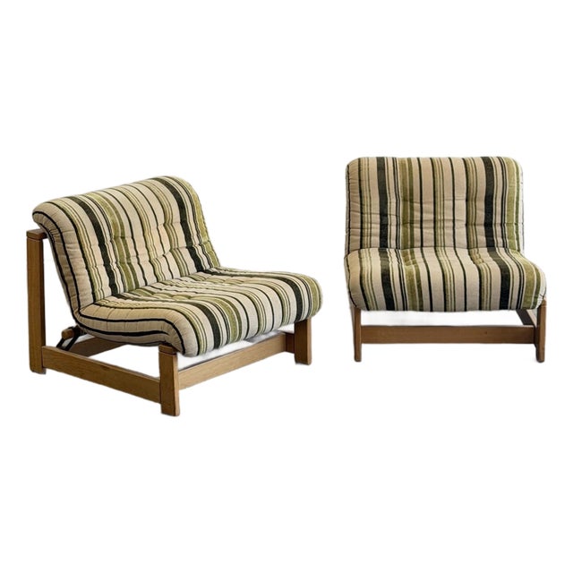 1970s Swedish Lounge Chairs in Striped Linen - Pair For Sale
