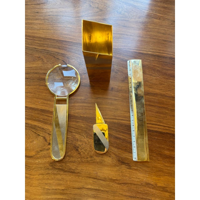 Gold 24k Gold-Plated Five-Piece Desk Set in Wood Presentation Box, 1970s Italy For Sale - Image 8 of 8
