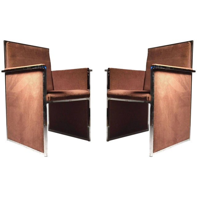 Vintage Italian Chrome Upholstered Club Chairs Attributed to Milo Baughman - a Pair For Sale