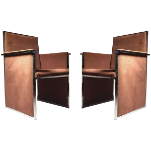 Vintage Italian Chrome Upholstered Club Chairs Attributed to Milo Baughman - a Pair