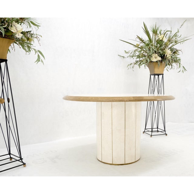 White Round Travertine Tile Brass Inlay Cylinder Base Dining Conference Table For Sale - Image 8 of 11