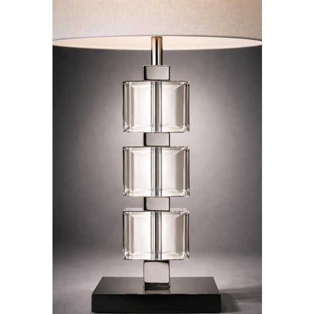 Late 20th Century Modern Architectural Stacked Glass Cube Table Lamp — 30” Geometric Chrome & Crystal With Linen Drum Shade For Sale - Image 4 of 6