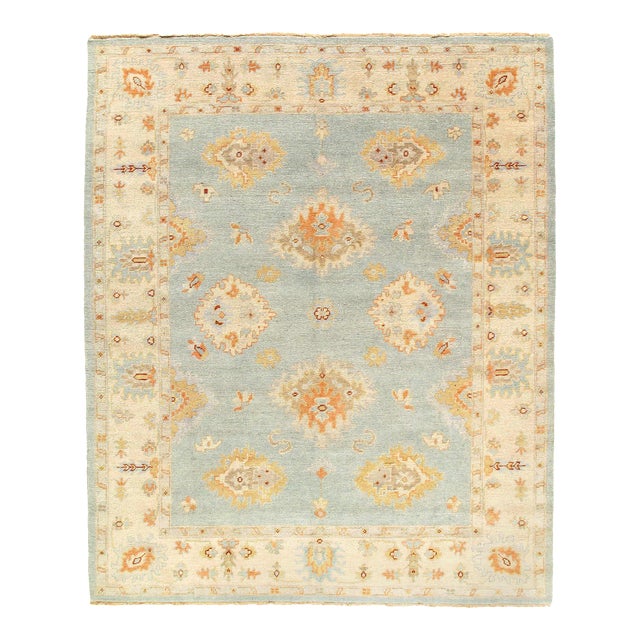 Light Blue Fine Hand Knotted Oushak Rug For Sale