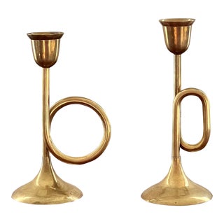 1990s Petite Hand Crafted Solid Brass Candle Holders - a Pair For Sale