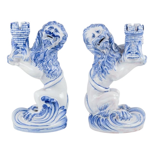 Faience Seated Lions Candleholders by Emile Gallé for Nancy, St Clement., Set of 2 For Sale