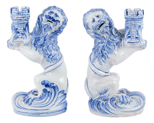 Faience Seated Lions Candleholders by Emile Gallé for Nancy, St Clement., Set of 2