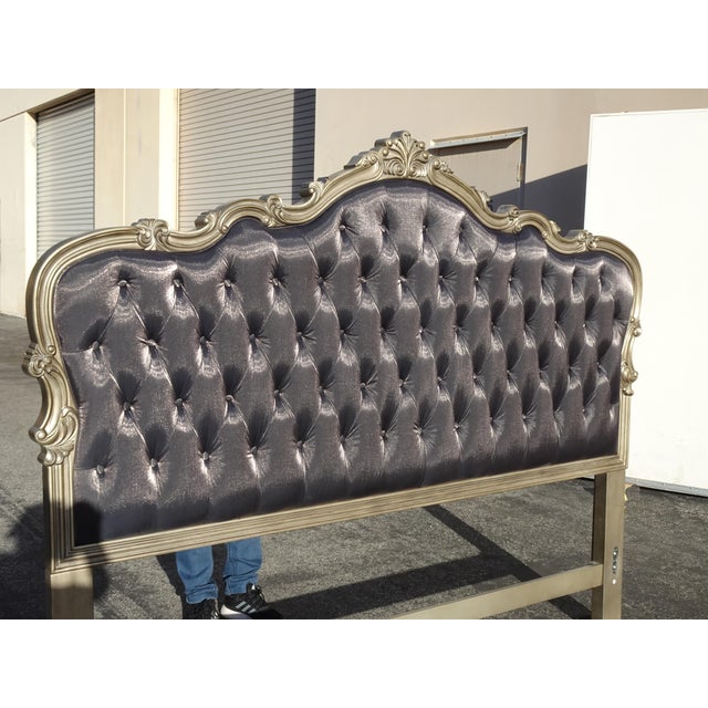 French Provincial Louis XVI Style Metallic Dark Gray Tufted Cal King Headboard For Sale - Image 4 of 17