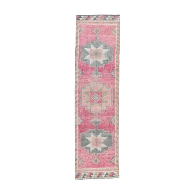 Vintage Pink Geometric Turkish Hand-Knotted Runner For Sale - Image 9 of 9