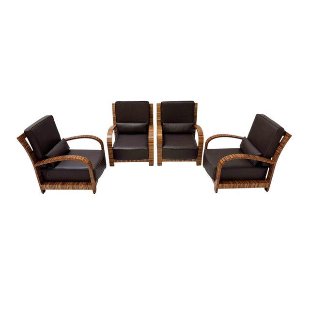 Vintage French Art Deco Lounge Chairs with Leather Cushions, 1930s, Set of 4 For Sale - Image 4 of 11