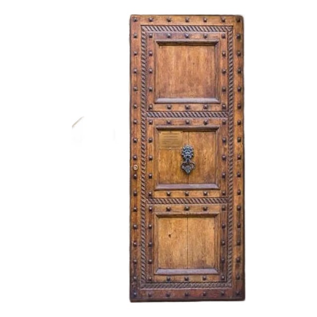 Rustic Solid Wood Entry Door With Iron Studs & Raised Panel Design Clavo Accented Door For Sale