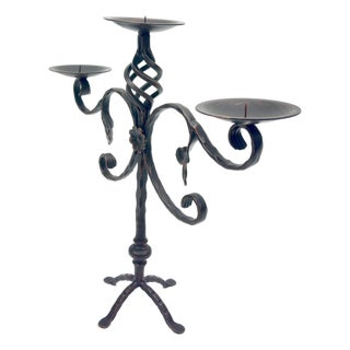 Hand Forged Iron Candelabra 19.5″ (49cm) Antique Copper Finish Grand Estate Wide-Arm Centerpiece For Sale