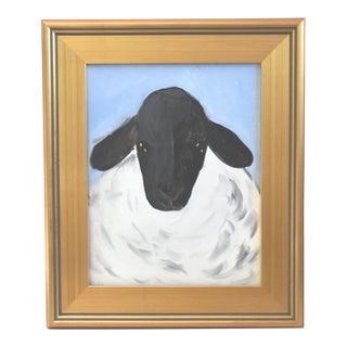 Folk Art Woolly Sheep Lamb Oil Painting Including the Antiqued Gold Wood Frame For Sale