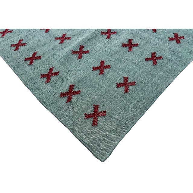Casa Cosima Handmade New Zealand Wool Dhurrie, Turquoise Blue and Burgundy Cross Patterned Rug- 8'x10' For Sale - Image 4 of 13