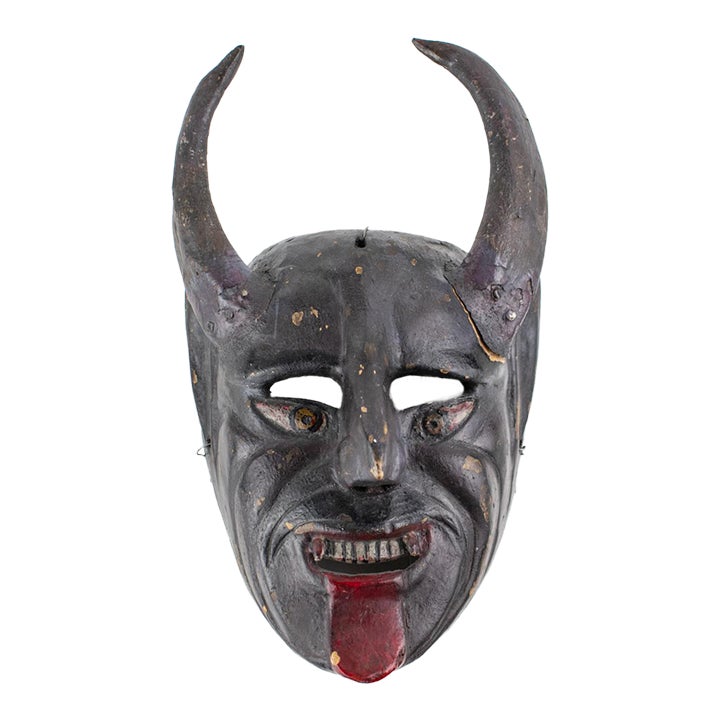Mid 20th Century Hand Carved Devil / Demon Mask With Horns | Chairish