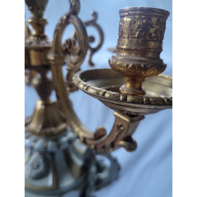 Vintage Italian Louis XVI Style Gilt Brass and Porcelain Candelabrum by Tiche, 1970s For Sale - Image 4 of 7