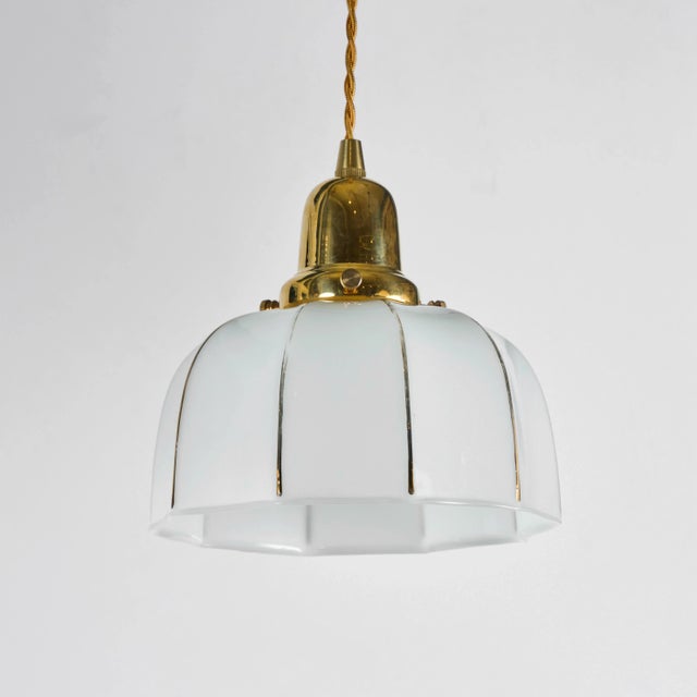 Vintage Milk Glass Pendant W/ Fluted Shade + Gold Detail For Sale - Image 4 of 8