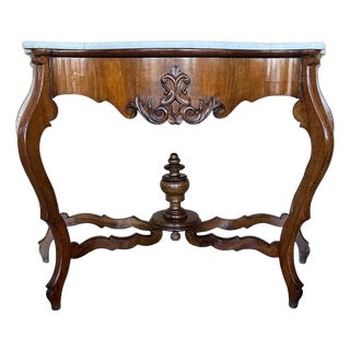 Mid 19th Century French Regency Console Table in Carved Walnut with drawer and Marble Top For Sale