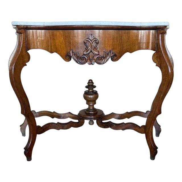 Mid 19th Century French Regency Console Table in Carved Walnut with drawer and Marble Top For Sale