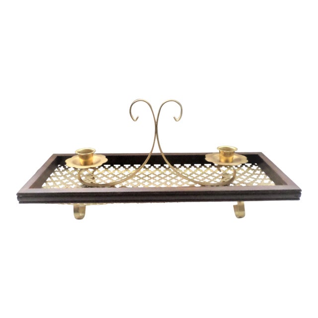 Mid Century Modern Gold Wire Mesh & Walnut Candle Console For Sale