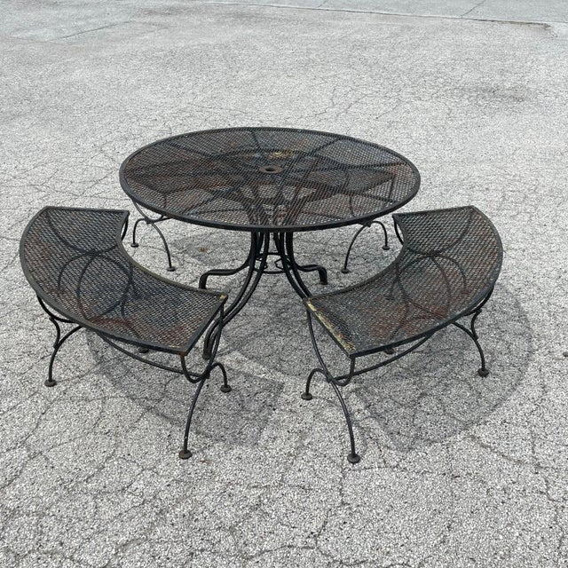 Metal Mid 20th Century Woodard Round Patio Table with Three Benches, Attributed For Sale - Image 7 of 11