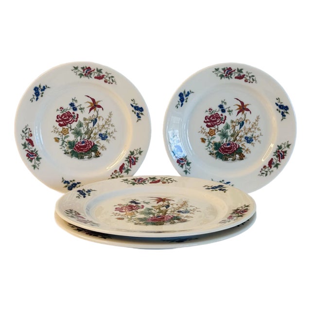 Vintage 1960s Syracuse China Floral & Parrot Restaurant Ware Plates, Set of 4 For Sale
