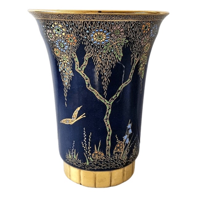 Art Deco Royal Blue Lustre Enamel Vase with Tree and Butterfly from Crown Devon, 1930s For Sale