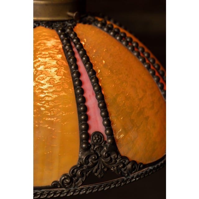 2000 - 2009 Antique Amber and Rose Stained Slag Glass Hanging Lamp For Sale - Image 5 of 6