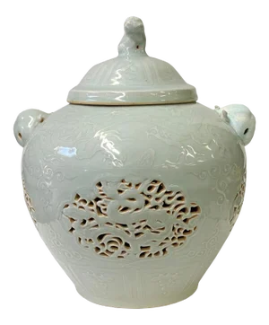 Chinese Off White Light Celadon Porcelain Dragon Foo Dogs Jar Container