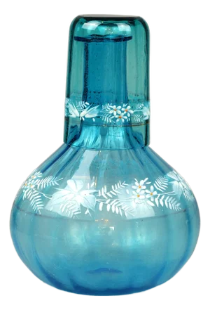 Antique Decanter with Glass with Floral Decoration, Set of 2