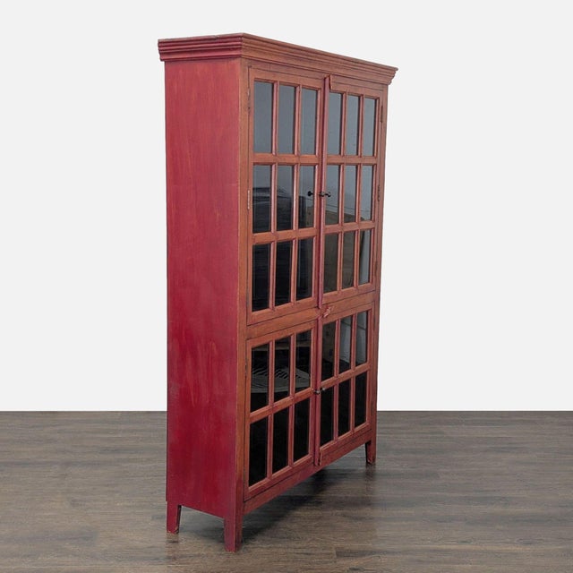 The hutch is crafted from solid Sheesham wood. It features a distressed, hand-painted red waxed patina, hand-forged iron...