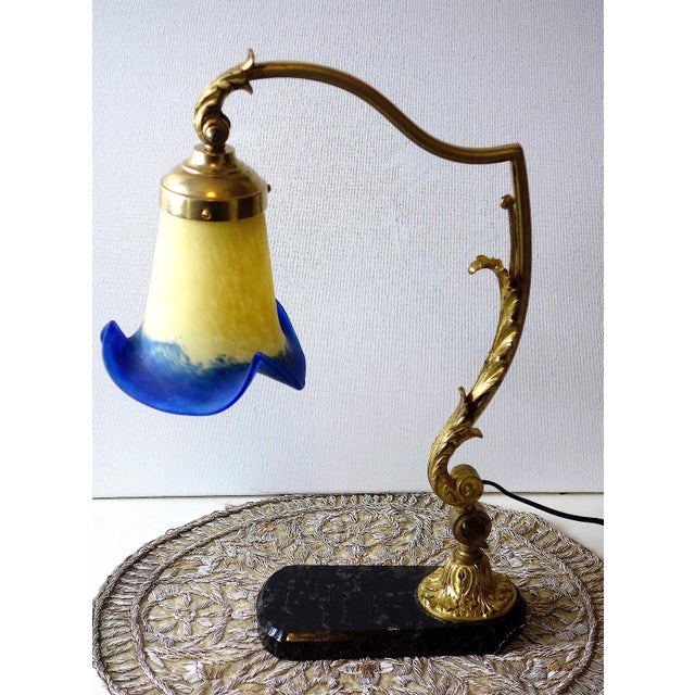 Antique Brass and Marble Pate De Verre Table Lamp, France, 1920s For Sale - Image 10 of 11