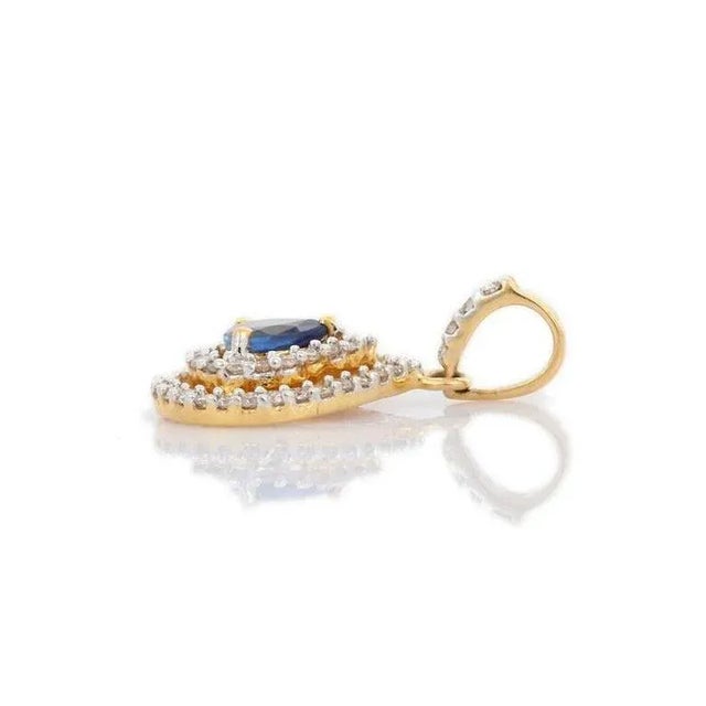 Not Yet Made - Made To Order 18k Yellow Gold Sapphire Pear Drop Pendant With Double Halo Diamond Setting For Sale - Image 5 of 11