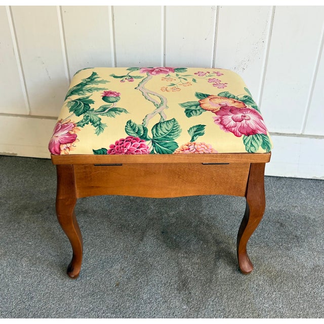 1940s Yellow Floral Hinge-Top Storage Footstool / Ottoman For Sale - Image 4 of 6