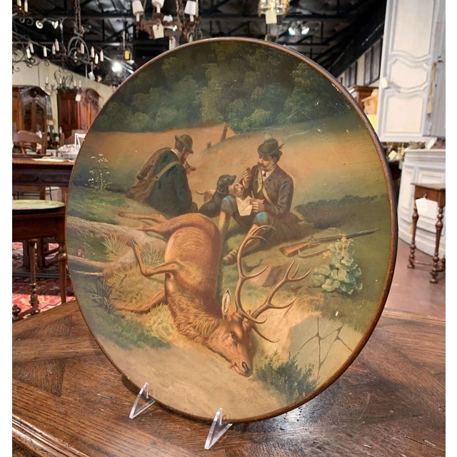 This evocative antique hunting platter captures the atmosphere of a traditional European sporting scene with rich color...