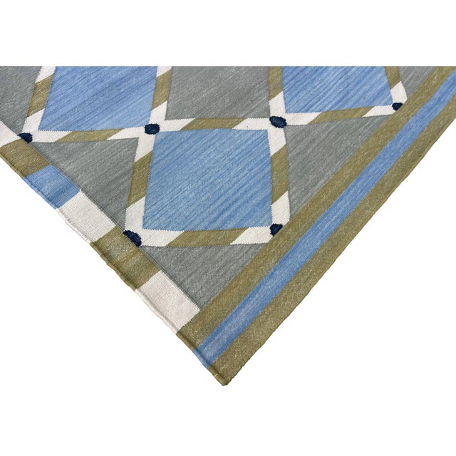 Handwoven Cotton Area Rug, Grey, Sky Blue, Green and Cream Geometric Dhurrie - 8'x10' For Sale - Image 13 of 13