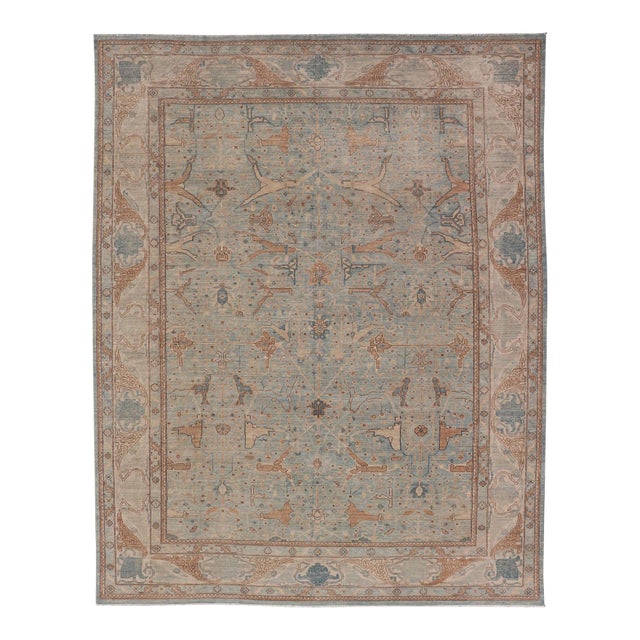 Afghanistan Tabriz Rug in Soft Blue, Sand With Allover Floral and Lattice Design For Sale