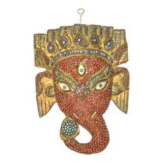 Vintage Ganesh Wall Hanging Mask Brass Filigree and Inlay Nepal For Sale